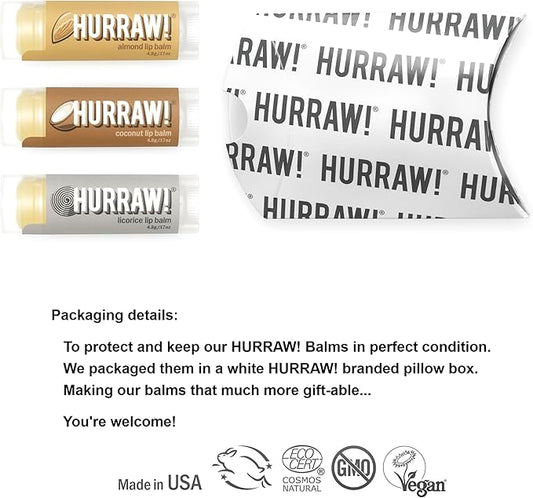 Hurraw! Almond, Coconut, Licorice Lip Balms, 3 Pack Bundle: Organic, Certified Vegan, Cruelty and Gluten Free. Non-GMO, 100% Natural. Bee, Shea, Soy & Palm Free. Made in USA