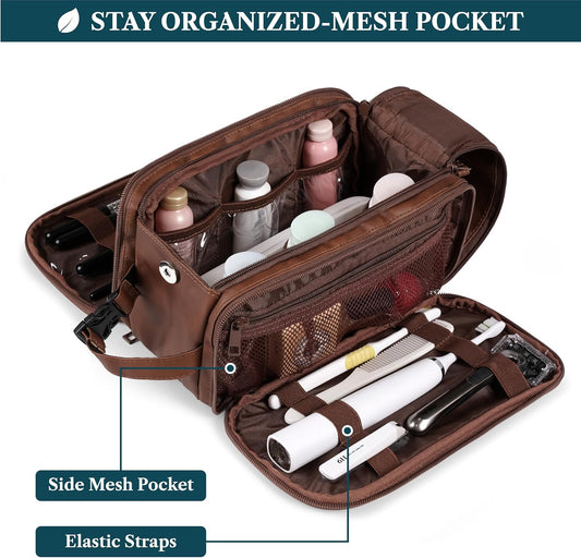 PAVILIA Large Toiletry Bag for Men Women, Mens Travel Bag Toiletries Organizer Case for Grooming, Travel Essentials Shaving Dopp Kit, PU Leather Water Resistant Cosmetic Pouch, Brown