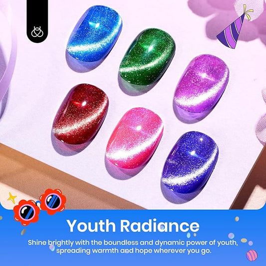 Beetles Cat Eye Gel Nail Polish, 6 Colors Summer Cat Eye Glitter Gel Polish Set Neon Red Pink Purple Blue Green with Magnet Velvet Gel Kit French Nail Art Manicure Gift for Women