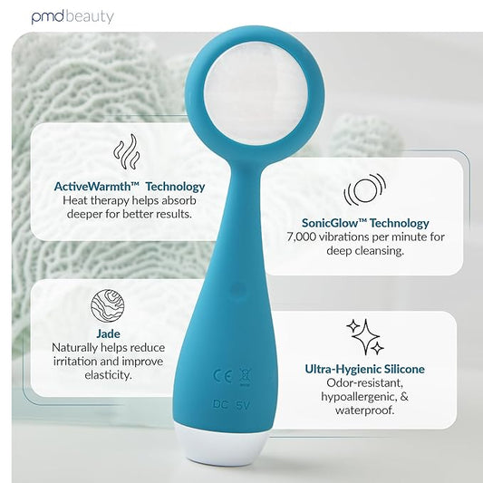 PMD Beauty Clean Pro Jade - Smart Facial Cleansing Device with Silicone Brush & Jade Gemstone ActiveWarmth Anti-Aging Massager - Waterproof - SonicGlow Vibration - Clear Pores & Blackheads