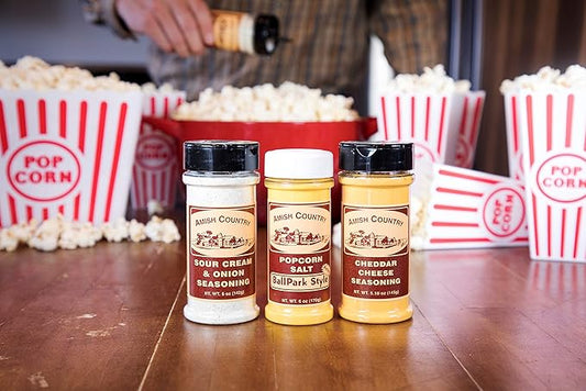 Amish Country Popcorn | Seasoning Variety Pack | 5.5 oz BallPark Style ButterSalt - 4.7 oz Cheddar Cheese & 4.7 oz Sour Cream and Onion Popcorn Seasoning