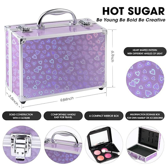 Hot Sugar Makeup Kit for Teenager Girls - Full Starter Cosmetics Set with Eye Shadow Lip Balm Blush Lip Gloss Brush Lip Pencil Eye Pencil and Mirror (Purple Love)