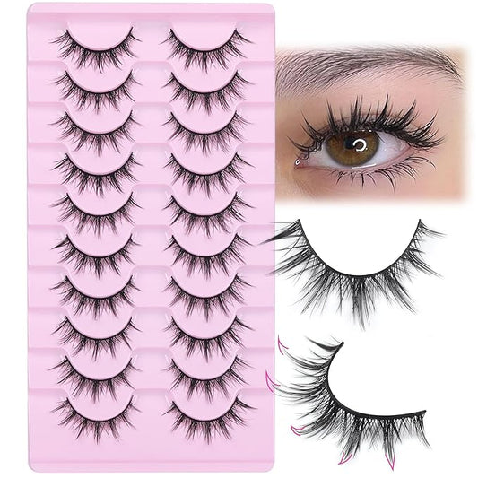 FANXITON Manga Lashes Wispy Natural Look Faux Eyelashes 10 Pairs Asian 3D False Eyelashes 14 mm Cat Eye Lashes Pack