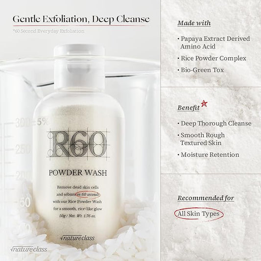 R60 Rice Enzyme Powder Face Wash Cleanser – Exfoliating, Deep Cleansing, Removes Pore Impurities for Soft Radiant Skin, Korean Skincare1.76oz