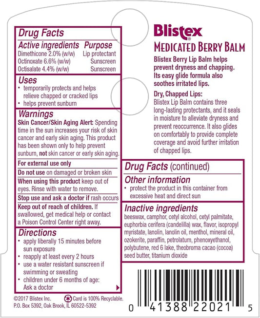 Blistex Medicated Lip Balm, Spf 15, Berry, .15-Ounce Tubes (Pack of 3)