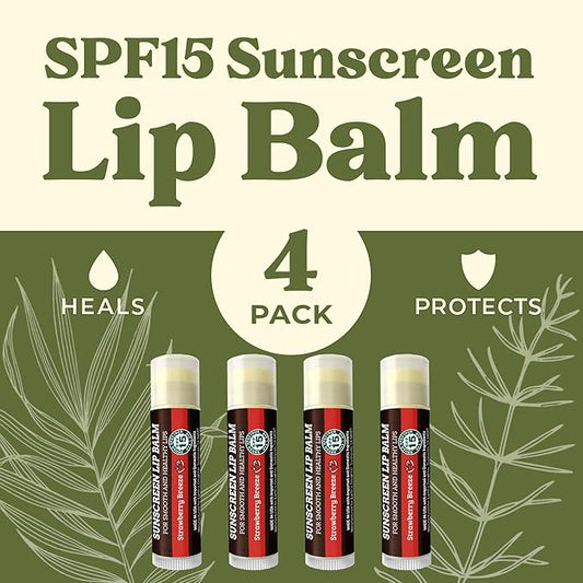 SPF Lip Balm 4-Pack by Earth's Daughter - Lip Sunscreen, SPF 15, Organic Ingredients, Strawberry Flavor, Beeswax, Coconut Oil, Vitamin E - Hypoallergenic, Paraben Free, Gluten Free
