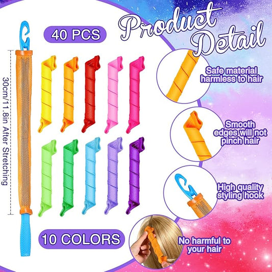 Yilloog 40 Pieces Hair Curlers Kit Heatless Spiral Curlers Tools with 2 Styling Hooks and 1 Storage Bag Multicolor Magic Curls Rollers for Women Long Medium Short Hair Classic Style