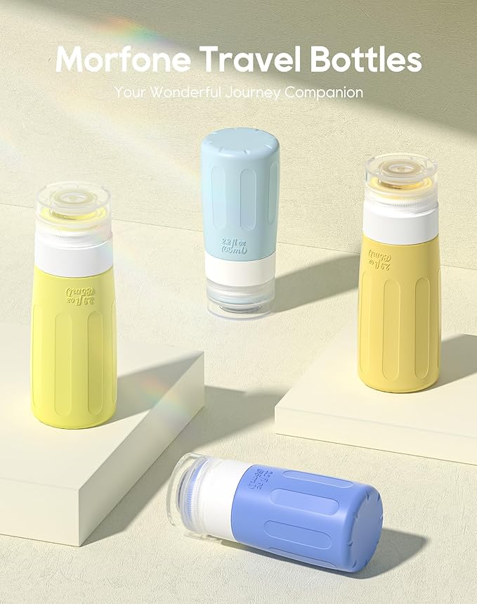 Morfone 16 Pack Silicone Travel Bottles Set for Toiletries TSA Approved Travel Containers Leakproof Squeezable Refillable Accessories 2oz 3oz for Shampoo Conditioner Lotion Liquids (Yellow Blue)