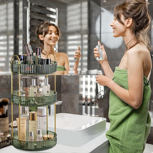 360° Rotating Makeup Organizer, Large-Capacity Skincare Make Up Storage 3 Tier Perfume Organizers Cosmetic Dresser Organizer with Makeup Brush Holder, Fits Bedroom, Bathroom, Vanity Shelf Countertop