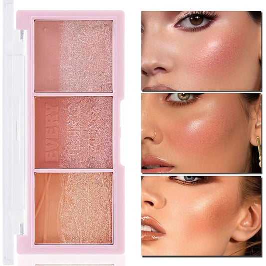 3 Colors Blush Palette,Blush Powder for Cheeks Makeup,Glitter Blusher with Brush,Long Wear,Highly Pigmented