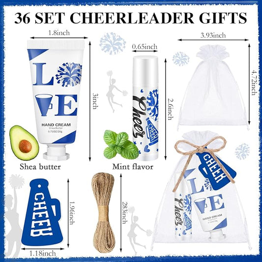 144 Pcs Blue Cheer Favors Natural Bulk Lip Balm and Hand Cream Set, Include 36 Lip Balm 36 Moisturizing Hand Cream 36 Bags 36 Card and Rope cheer accessories for Team Sports Party Supplies