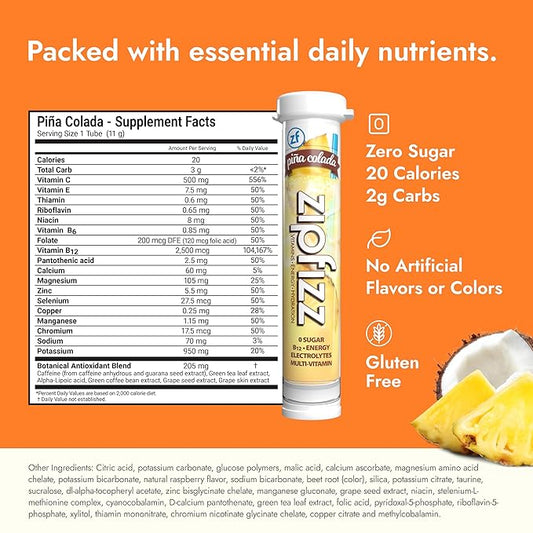 Zipfizz Daily Energy Drink Powder, Pina Colada, 20 Pack | 3-in-1 Sustained Energy, Rapid Hydration, and Essential Vitamins | Sugar-Free | Electrolyte Powder | Contains Vitamin B-12 & Antioxidants