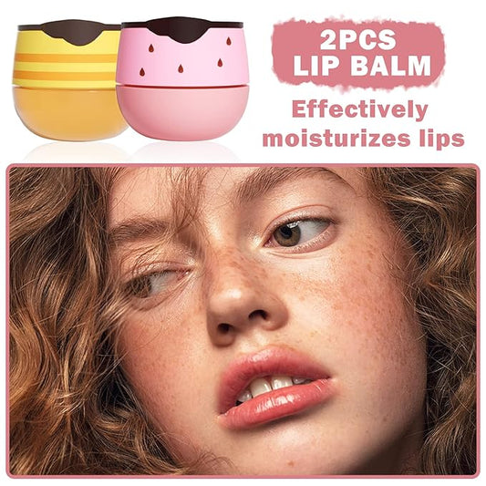 2PCS Bee Lip Balm Honey Pot,Honey Lip Balm With Honey Spoon,Honey Lip Mask Moisturizing Hydrating Prevents Dry and Chapped Lips,Lip Exfoliating Bee Lip Balm(Honey+Strawberry)