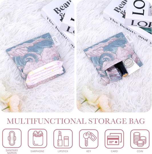 DGAZ Sanitary Napkin Storage Bag, Period Bag for Teen Aged Girls, Portable Period Bag for Panty Liners/Menstrual Cup/Small Tampons,Mini Makeup Bag for Purse(Sea and Waves)