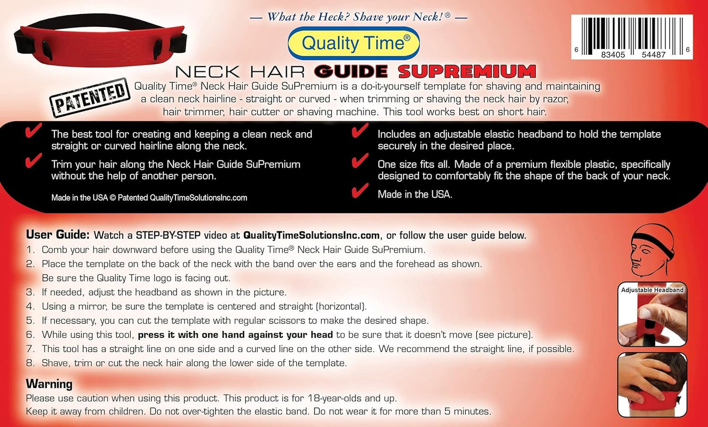 Quality Time Neck Hair Guide SuPremium, The Original Neckline Template for Shaving and Keeping a Straight or Curved Neck Hairline; a Line Up Stencil/Guard for Neckline, Do-it-Yourself Made in USA