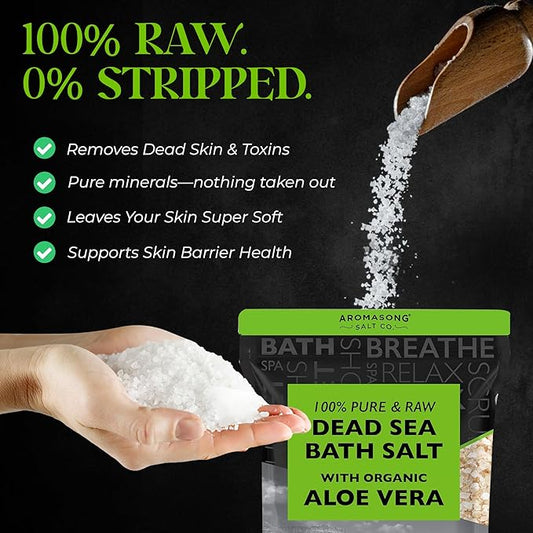 Aromasong 19 lbs RAW Dead Sea Salt with Organic Aloe Vera, not Cleaned, Still Contains All Dead sea Minerals Including Dead sea Mud, Fine Medium Grain Large resealable Bulk Pack - Packaging May Vary