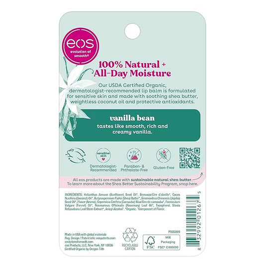 eos 100% Natural & Organic Lip Balm Sticks- Vanilla Bean, All-Day Moisture, Dermatologist Recommended, 0.14 oz, 2-Pack