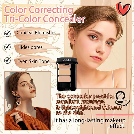 3 Colors Corrector Palette,Moisturizing Long Lasting Waterproof Cream Contour Makeup Palette,Color Correcting Concealer,Natural Flawless Full Coverage Liquid Foundation Set with Makeup Brushes