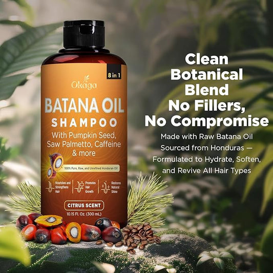 Batana Oil Shampoo for Hair Growth, Aloe Vera Leaf Juice, Saw Palmetto, Caffeine, Hydrolyzed Rice Protein, Pumpkin Seed, Castor & Rosemary Oils, 8-in-1 Natural Formula (10.15 fl oz Citrus Scent)
