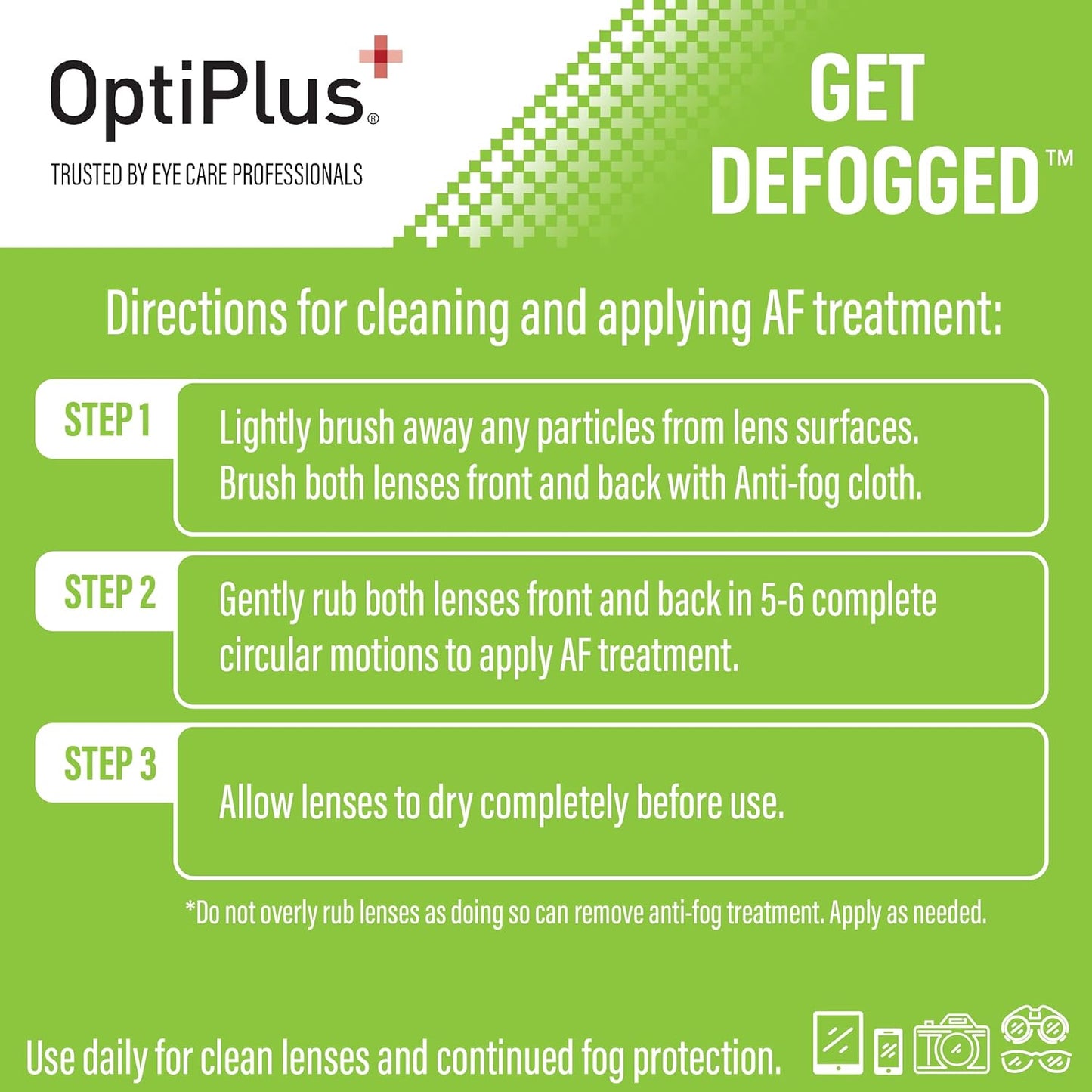 OptiPlus Anti Fog Cloth for Eyeglasses, Goggles, and Shields | Premium Reusable Anti-Fog Treatment | 5 Cloths 500 uses | Anti-Fog for All Lenses - 5 Pack