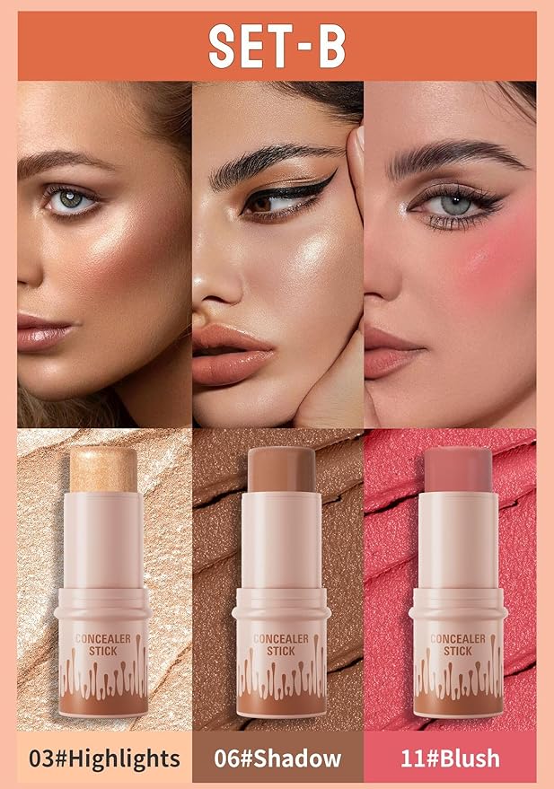3Pcs Contour Stick Set,3 Colors Contour Stick Makeup Set, Long-Lasting Waterproof Concealer Stick Kit,Cream Blush & Highlighter Bronzer Pen (SET-B)