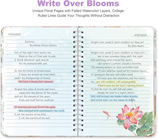 SIIXU Floral Spiral Notebook - A5 College Ruled Journal with 160 Colorful Pages for Poetry, Work Notes & Daily Writing, Blue, Hardcover