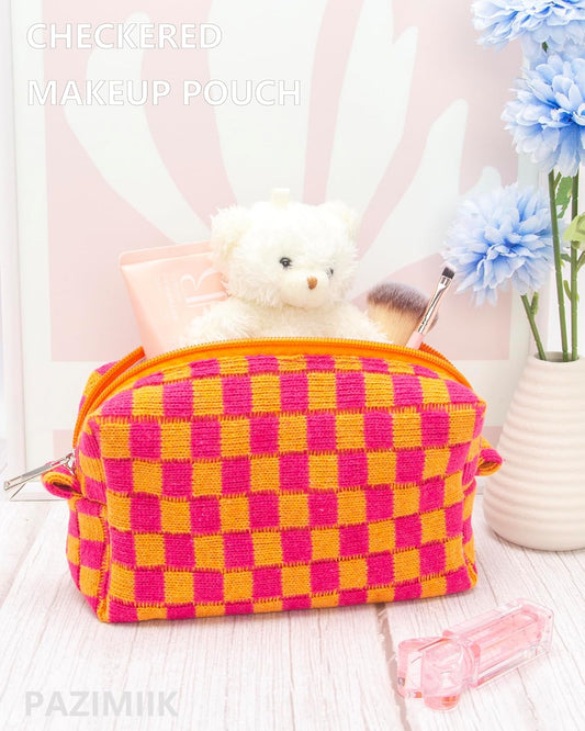 PAZIMIIK Checkered Makeup Bag for Purse Portable Zipper Make Up Pouch Small Cosmetic Case for Travel Red Orange