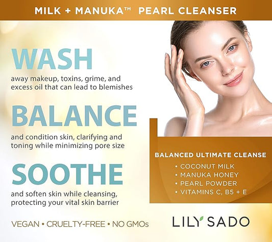LILY SADO MILK+MANUKA™ Coconut Milk & Manuka Honey Gentle Gel Face Cleanser - Natural Cruelty-Free Facial Wash Cleanses, Balances, Soothes & Hydrates - Reduces Pores & Blackheads - 5oz