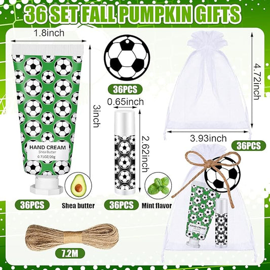 36 Sets Soccer Lip Balm Hand Cream Set soccer Party Favors, Include 36 Lip Balm 36 Moisturizing Hand Cream 36 Bags 36 Cards and Ropes for Soccer Accessories Gifts