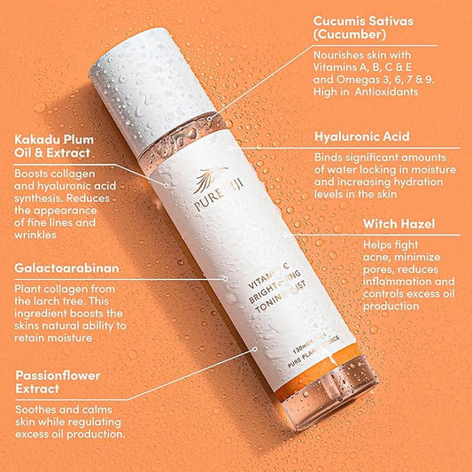 Pure Fiji Face Toner Mist with Vitamin C for Brightening & Refreshing Antioxidant Face Mist Hydrating Spray Helps Even Skin, Smooths Fine Lines and Wrinkles (4.4oz/130ml)