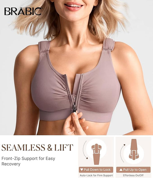 BRABIC Zip Front Closure Everyday Bra for Women Post Surgery Compression Support with Adjustable Straps Wirefree