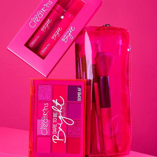 Beauty Bundle Beauty Creations Dare To Be Brights Collection Bomb AF 12 color eyeshadow palette, Lip Set & 15pc Brush Set and Pouch Enclosed in Hot Pink Box