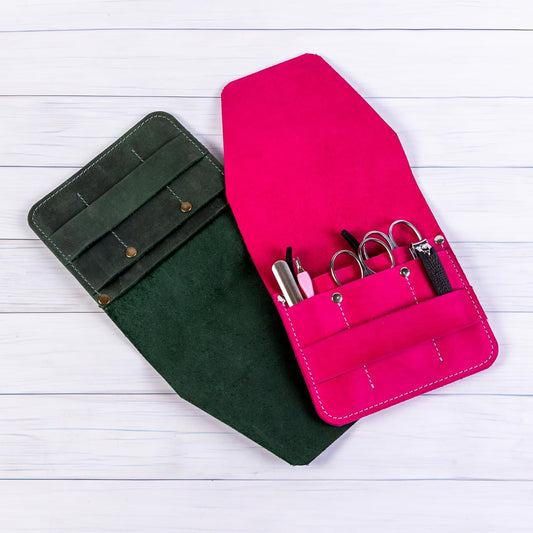 Leather Manicure Set Case Grooming Kit Organizer (Atlantic Deep Green)