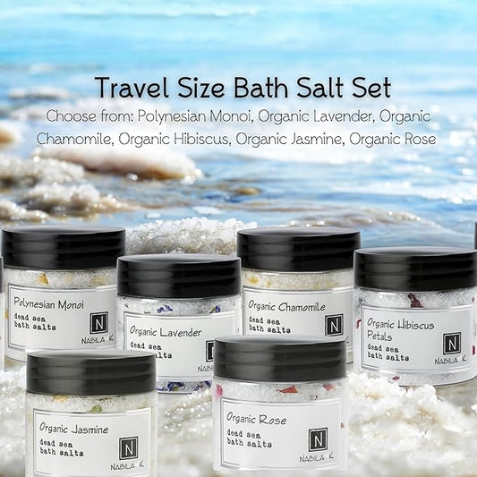 Assorted Bath Salts (Set of 6) by Nabila K - Dead Sea Salt & Epsom Salt Scrub & Soak - Exfoliates & Hydrates Skin, Botanical Essential Oils - Bubble Bath Accessories for All Skins Types, 2 oz