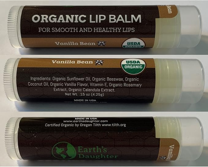 USDA Organic Lip Balm 4-Pack by Earth's Daughter - Vanilla Flavor, Beeswax, Coconut Oil, Vitamin E - Best Lip Repair Chapstick for Dry Cracked Lips.
