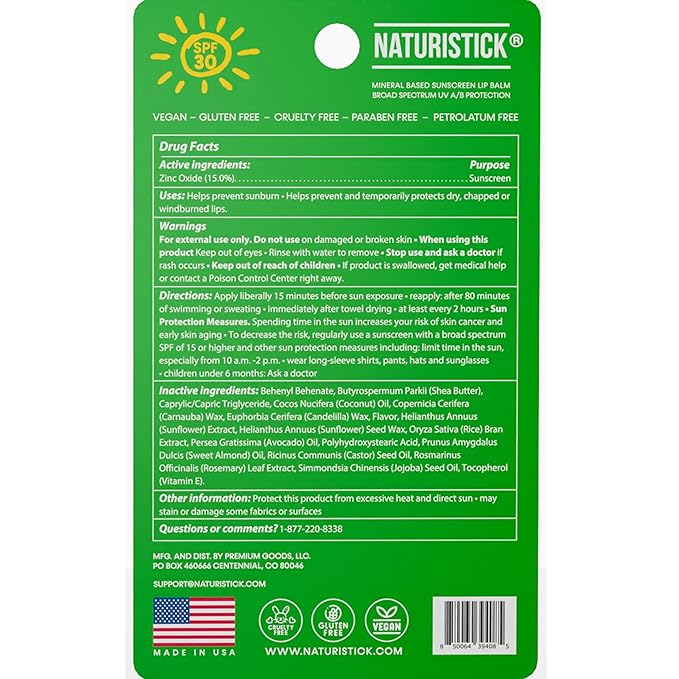 Naturistick SPF 30 Vegan Lip Balm β Mineral Sunscreen with Zinc Oxide | Broad Spectrum UVA/UVB Protection | 100% Natural, Coral-Friendly Formula | Oxybenzone Free | 5-Pack Spearmint | Made in USA