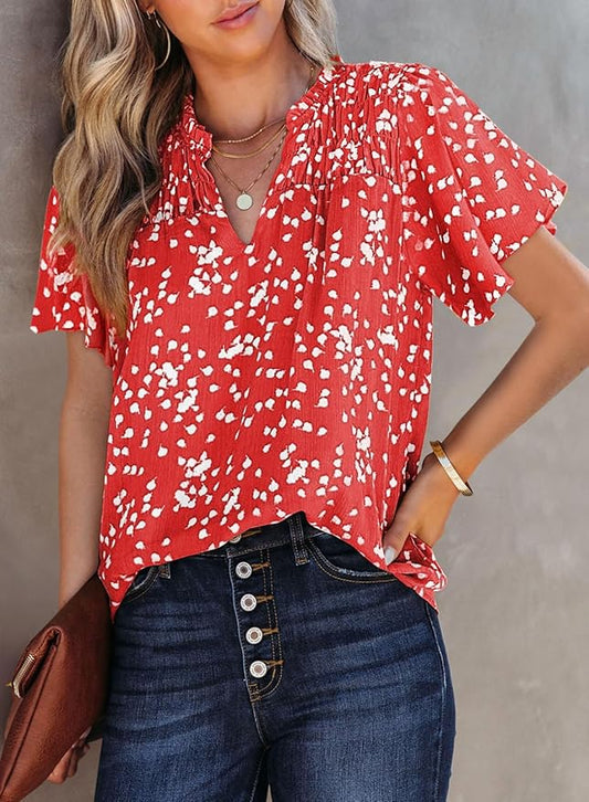 SHEWIN Women's Casual V Neck Floral Print Smocked Short Sleeve Chiffon Blouses Bohemian Top Shirts