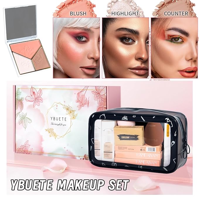 Makeup Set Kit for Women Full Kit, Makeup Present for Women Teen Girl, Eyeshadow Foundation Face Primer Brush 3 in 1 Palette Lip Gloss, Eyebrow Soap Mascara Eyeliner cosmetic bag