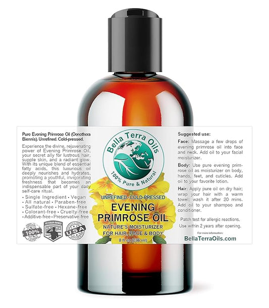 Bella Terra Oils - Organic Evening Primrose Oil 8 oz - Harvested for Excellence, Packed with Nutrients & Omega-6, Perfect Elixir for Enhancing Natural Beauty
