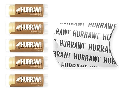 Hurraw! Coconut Lip Balm, 5 Pack: Organic, Certified Vegan, Cruelty and Gluten Free. Non-GMO, 100% Natural Ingredients. Bee, Shea, Soy and Palm Free. Made in USA