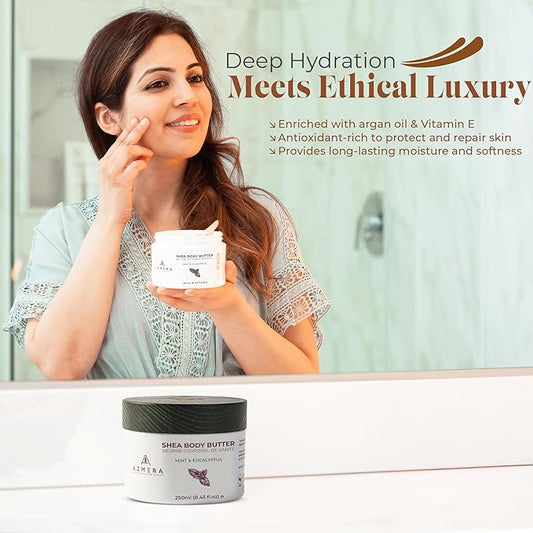 AZMERA Handcrafted Whipped Shea Body Butter – Refreshing Mint & Eucalyptus Scented Moisturizer for Dry, Sensitive Skin, Argan Oil & Vitamin E – Vegan, Non-Greasy Skincare – 8.82 oz