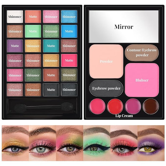 All in One Makeup Kit for Women Full Kit - 24 Eyeshadow, 4 Lipsticks, 1 Blushers, 1 Powder, 2 Eyebrow Powder, 1 Mirror, 1 Double Ended Brush, Makeup Gift Set for Teen Girls, Beginner and Professional