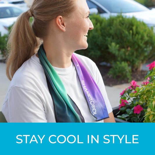 SHAKEitCOOL Original Cooling Towel – Be Cool in Style - Heat Relief, Soft, Lightweight, Sun Protection, Easy Clean - Perfect for Biking, Running, Yoga, Gym, Gardening - Aurora