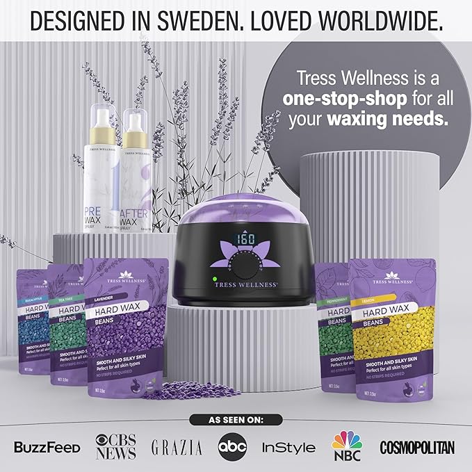 Tress Wellness Waxing Kit for Sensitive Skin – Safe for Face & Skin, Prep & Aftercare Spray, Easy to Use – At-Home Kit for Face, Bikini, Brazilian & Full Body, Black & White