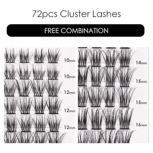 Cluster Lashes 72 Individual Lashes Clusters Eyelash Extensions False Eyelashes DIY Lash Extension Kit Reusable False Eyelashes Natural Look Mix 10-16mm C D Curl-DM06