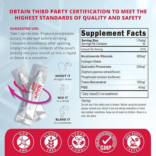 High-Potency 1000mg Nicotinamide Riboside with Resveratrol, PQQ & Quercetin Liquid Supplement, Berry Flavor Drink Mix, Boosts Cellular Energy, Focus & Anti-Aging, 30 Packets