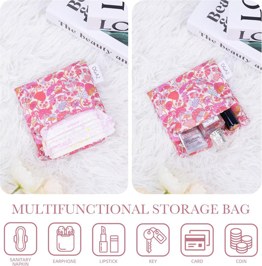 DGAZ Sanitary Napkin Storage Bag, Period Bag for Teen Aged Girls, Portable Period Bag for Panty Liners/Menstrual Cup/Small Tampons,Mini Makeup Bag for Purse(Dream Mushroom)