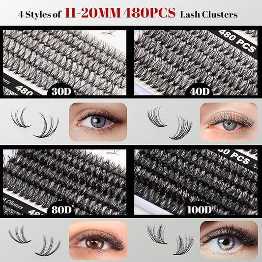 Lash Clusters 480 Clusters 60D 80D Thick Eyelash Extension 30D 40D Individual Eyelashes D Curl 11-20mm False Eyelash Multi-Style DIY Lash Extensions for Beginners(30D-80D-D, 11-20MIX)