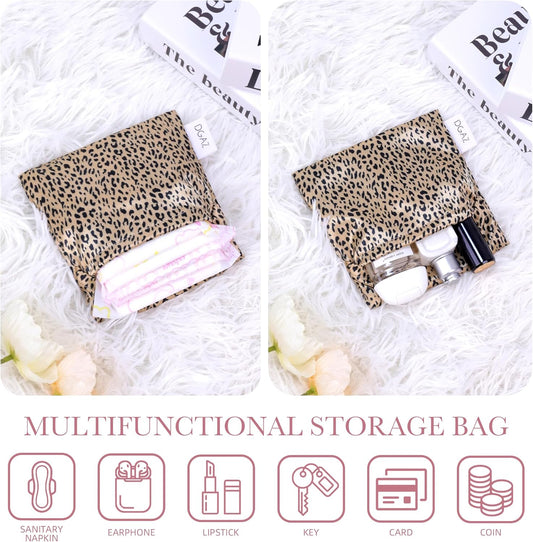DGAZ Sanitary Napkin Storage Bag, Period Bag for Teen Aged Girls, Portable Period Bag for Panty Liners/Menstrual Cup/Small Tampons,Mini Makeup Bag for Purse(Leopard C)