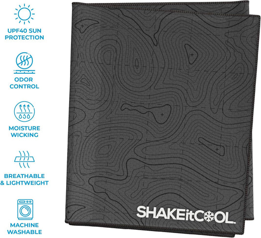 SHAKEitCOOL Extended Size Cooling Towel – Be Cool in Style - Heat Relief, Soft, Lightweight, Sun Protection, Easy Clean - Perfect for Biking, Hiking, Running, Yoga, Golf, Gardening - Black Topo M